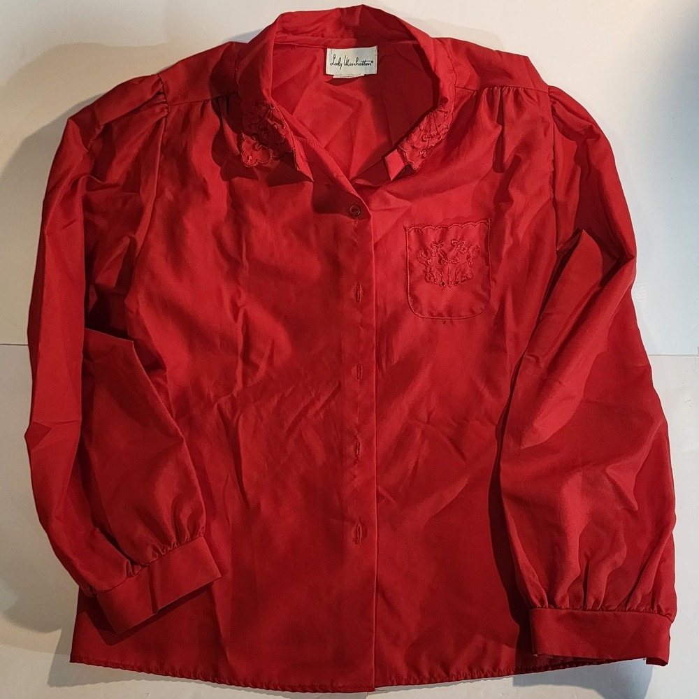 Lady Manhattan VTG secretary Womens 14 Red Blouse Embroidered Button Up 80s